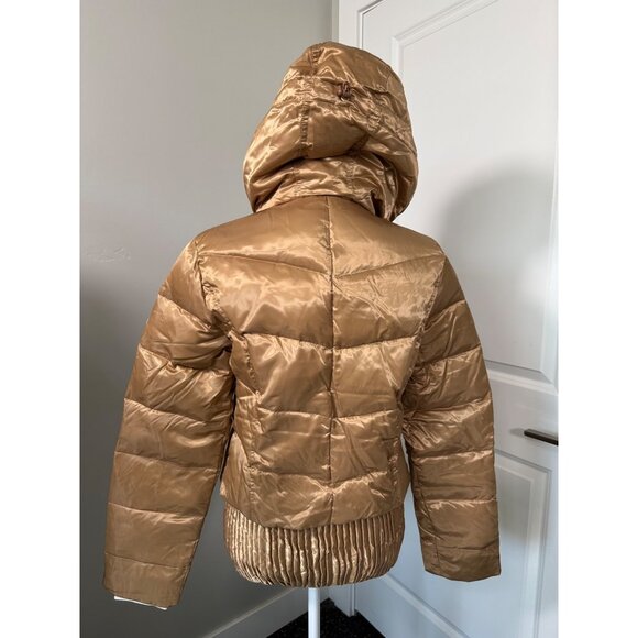 Quilted Gold Puff Jacket W/Hood Womens L True Religion Down & Feather Fill - Picture 7 of 16